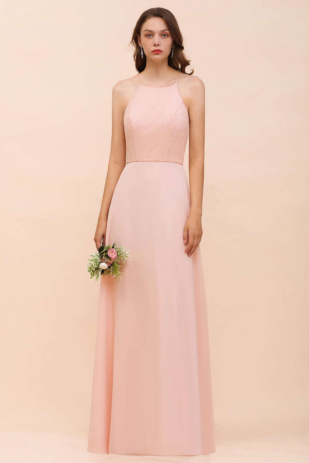 Chic Halter Pink Long Bridesmaid Dress Simple Evening Dress for Women