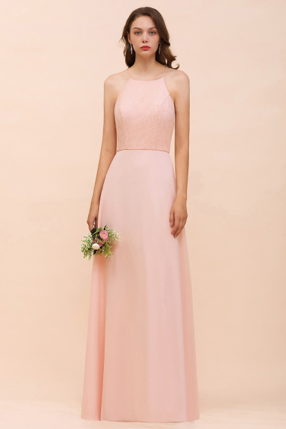 Chic Halter Pink Long Bridesmaid Dress Simple Evening Dress for Women