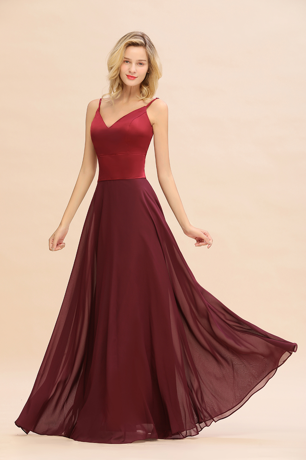 Elegant Spaghetti-Straps Burgundy Long Satin Bridesmaid Dress