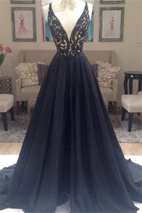 Black Lace Elegant V-Neck Sleeveless Prom Dress UKes UK Open Back Evening Dress UKes UK with Beads