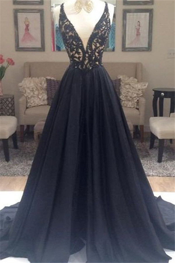 Black Lace Elegant V-Neck Sleeveless Prom Dress UKes UK Open Back Evening Dress UKes UK with Beads