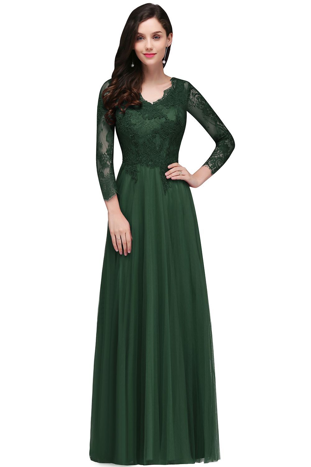 V-Neck Long-Sleeves Burgundy Floor-Length A-line Prom Dress UKes UK