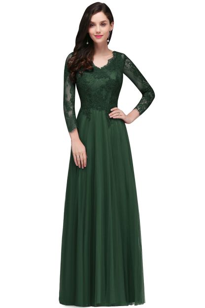 V-Neck Long-Sleeves Burgundy Floor-Length A-line Prom Dress UKes UK