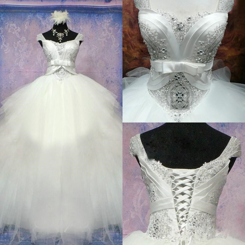 Elegant Beadss Crystals Ball Gown Wedding Dress Bowknot Lace-up