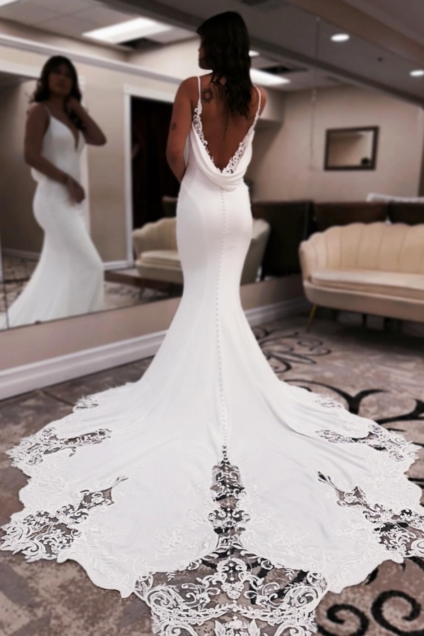 Sexy Spaghetti Straps White Simple Mermaid Wedding Dress V-Neck Long Bridal Dress with Lace Appliques-27Dress.co.uk
