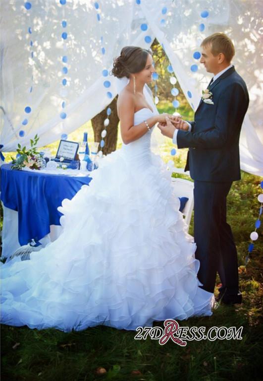 Ruffles Sleeveless Newest White Sweep-Train Sweetheart Wedding Dress