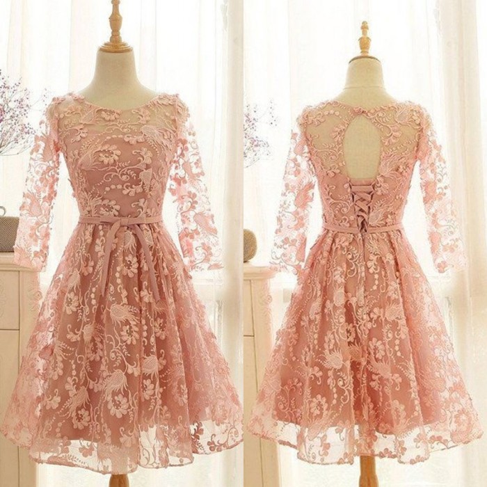 Lovely Long-Sleeve Pink Homecoming Dress UK Lace Short Prom Party Gowns