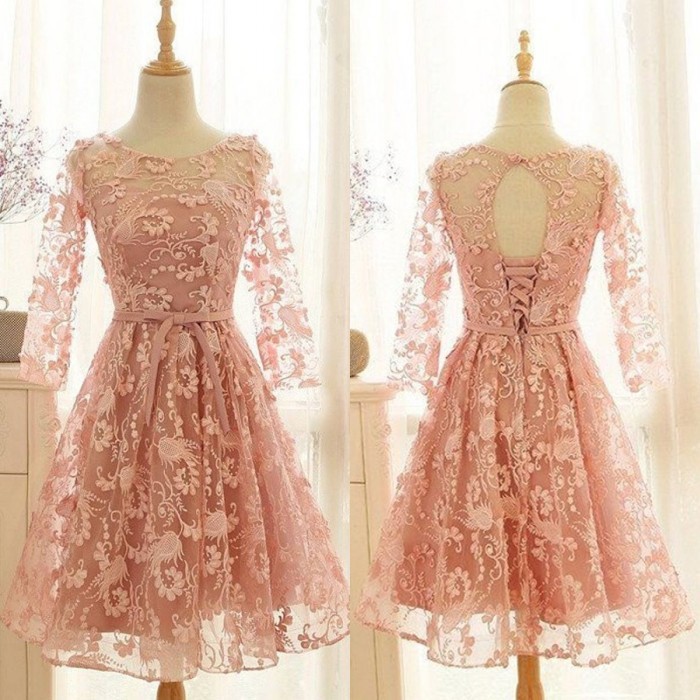 Lovely Long-Sleeve Pink Homecoming Dress UK Lace Short Prom Party Gowns