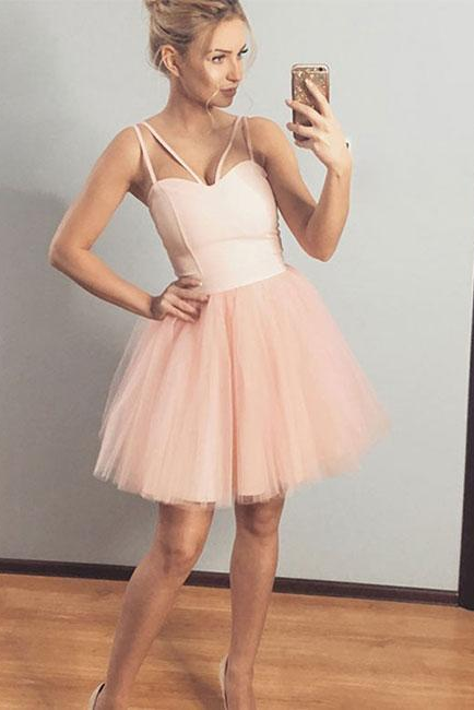 Chic Spaghetti-Straps Sweetheart Short A-Line Tulle Homecoming Dress