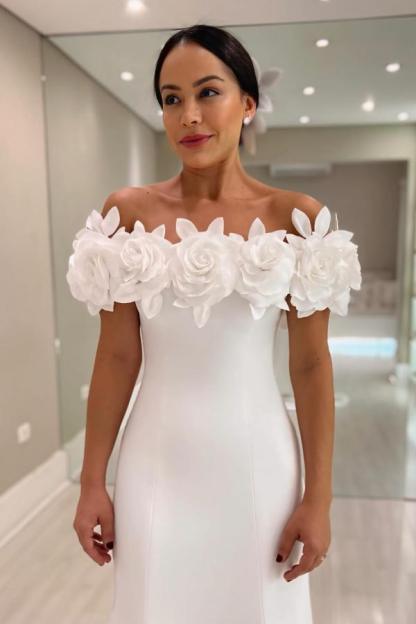 Elegant Mermaid Satin Wedding Dresses Off the Shoulder White Bridal Gowns with Flowers