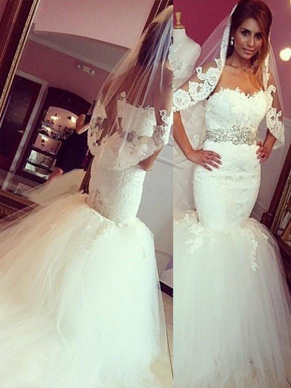 Sweetheart Court Train Sleeveless Sexy Mermaid Lace Tulle Wedding Dresses UK