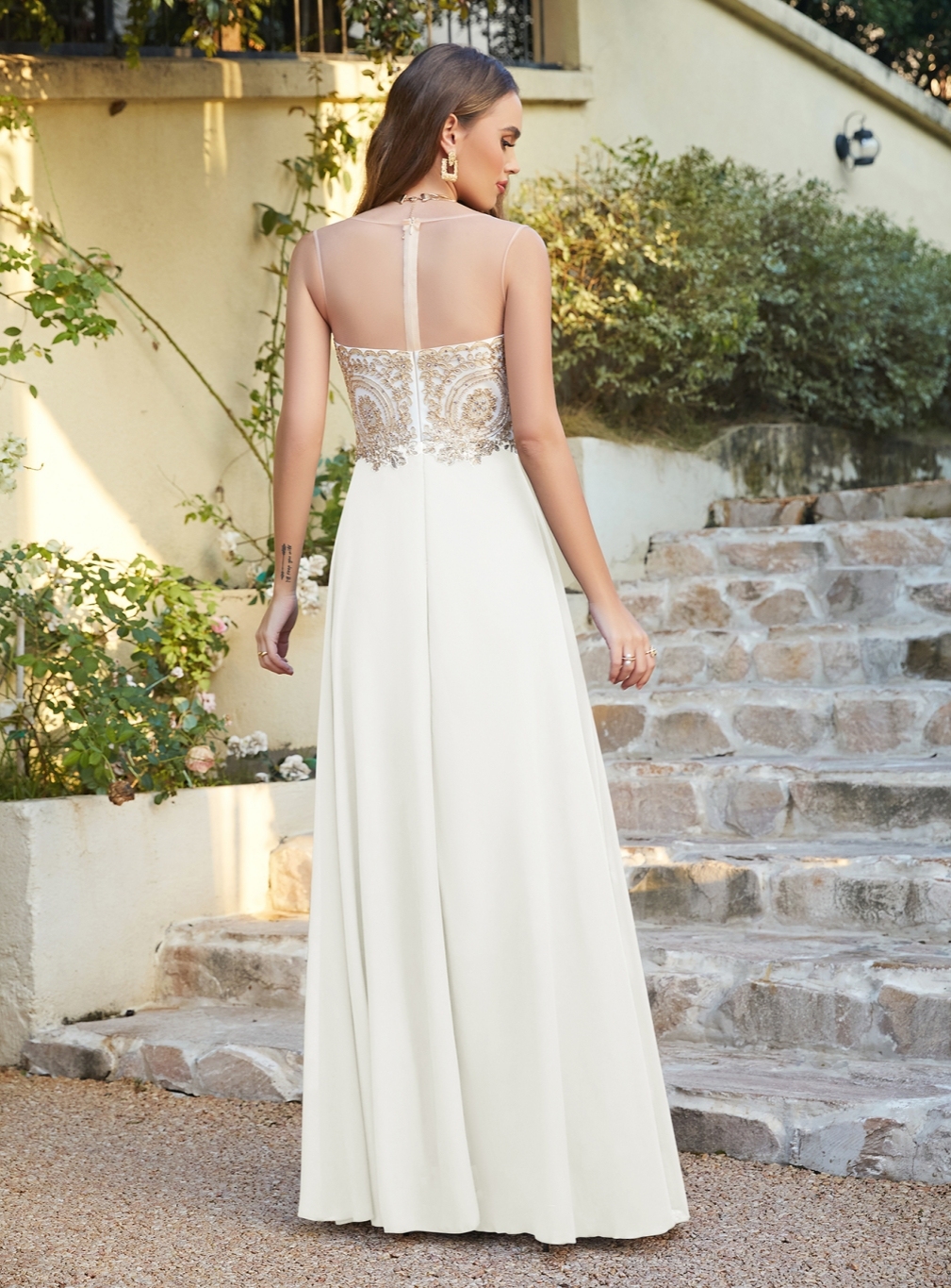 Elegant Jewel Neck Chiffon Formal Dress Floor Length A-line Lace Appliques Bridesmaid Dresses