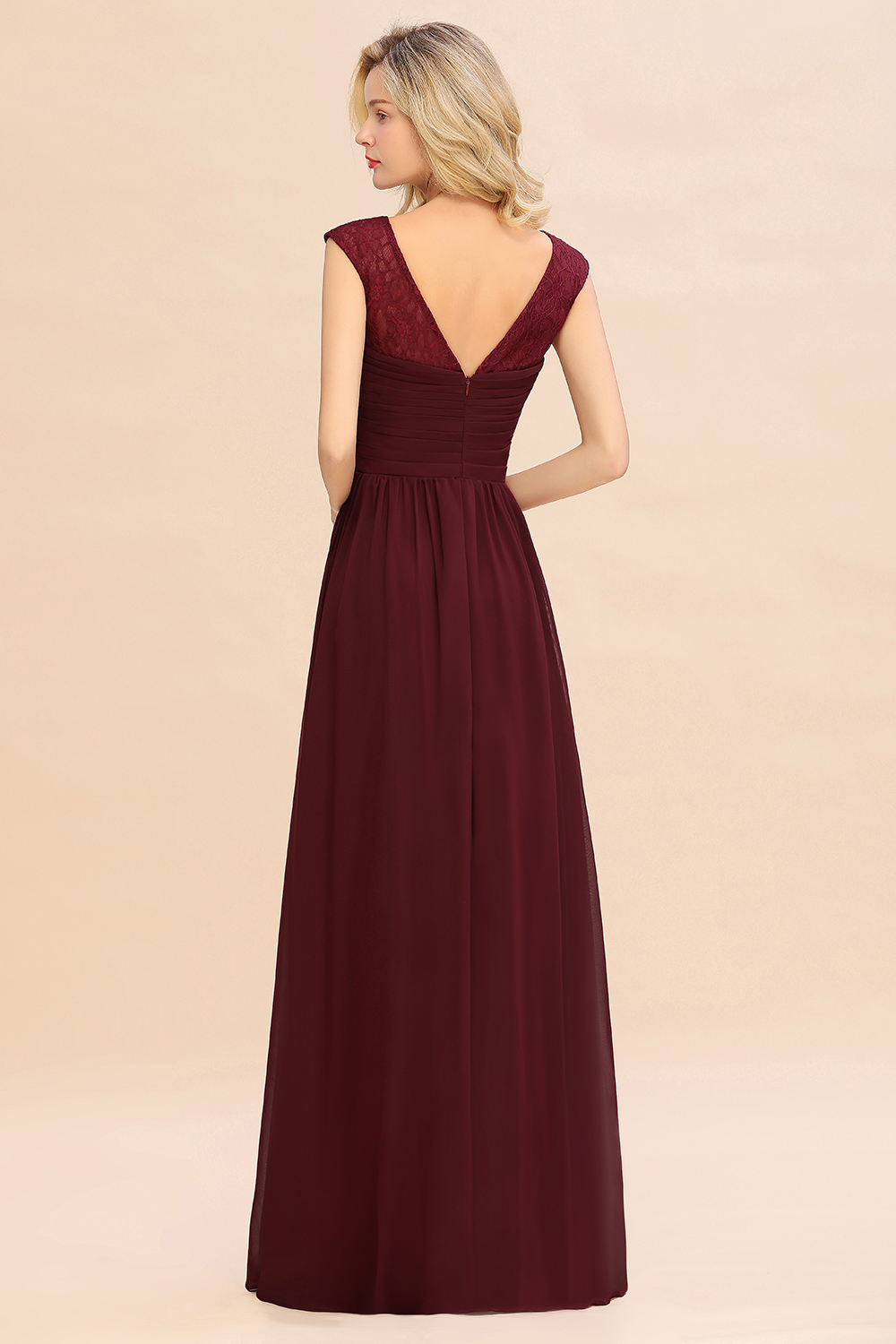 Elegant Burgundy Jewel Neck Chiffon Long Bridesmaid Dress