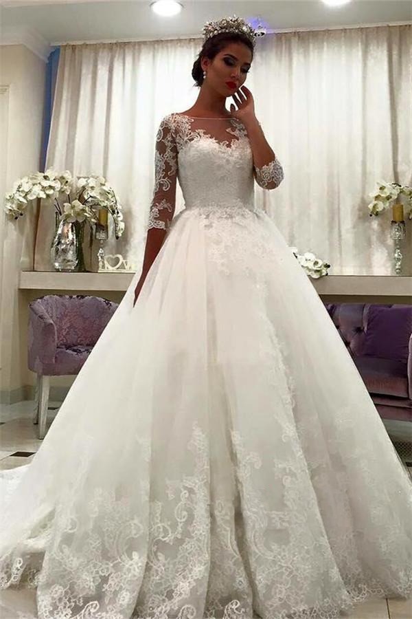 Appliques Chapel-Train Lace Ball-Gown Half-Sleeve Bateau Wedding Dresses UK BA6591