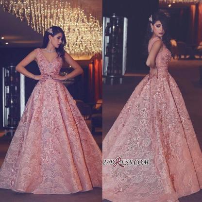 Flowers Luxury Lace Beading V-Neck Puffy Pink Evening Gowns