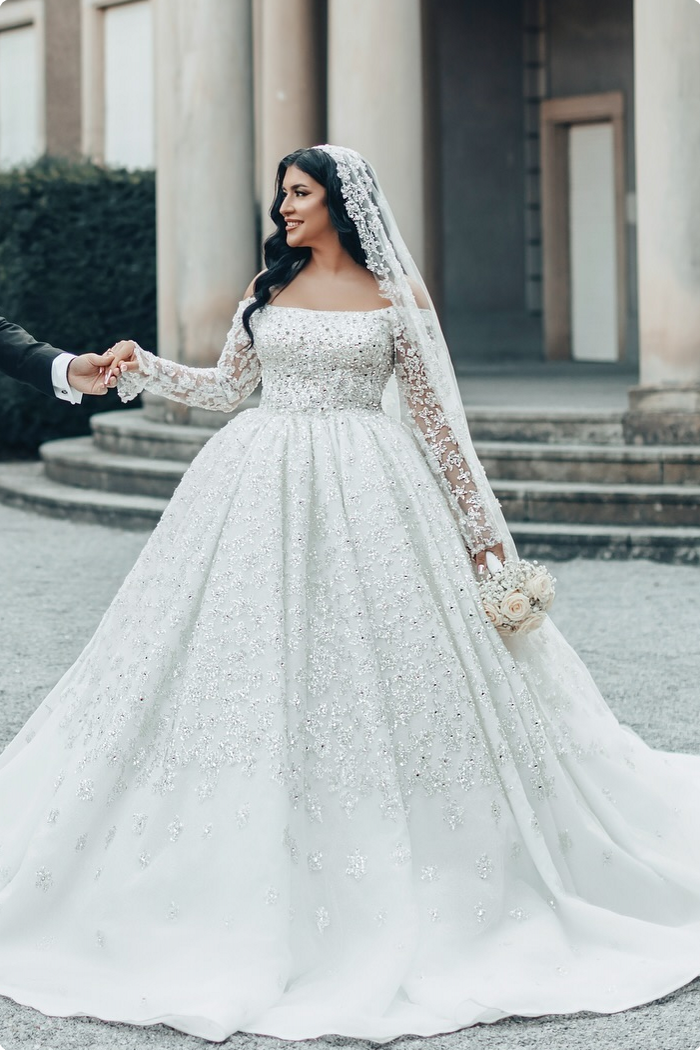 Appliques Lace Crystal Long Sleeve Princess Wedding Dresses Chapel Train