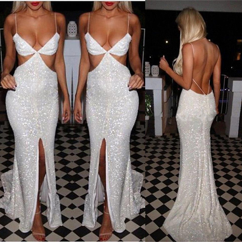 Elegant Sequins White Prom Dress UKes UK Front Split Floor Length