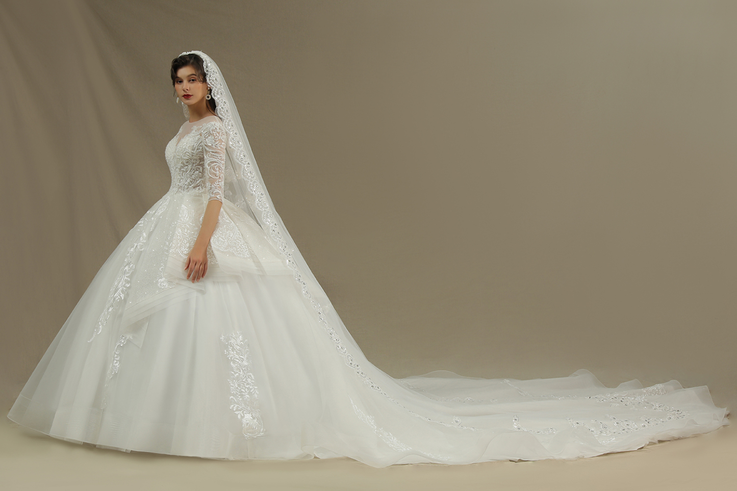 Luxury Floral Lace Bridal Gown Crew Neck Long Sleeves Wedding Dress
