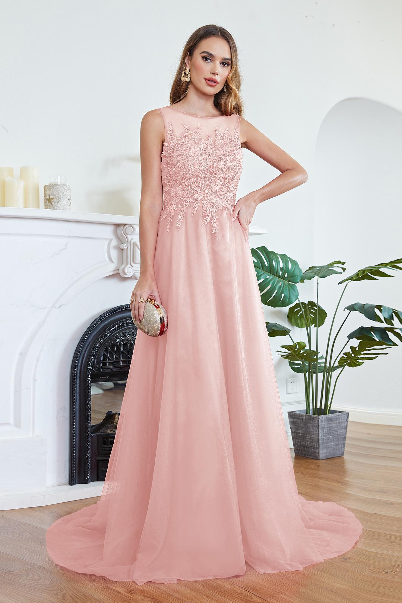 Stylish Scoop Neck Tulle Aline Evening Dress Floral Lace Long Bridesmaid Dresses Sleeveless