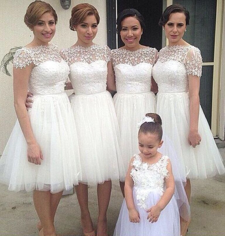 Romantic White Tulle Lace Bridesmaid Dress UK Short Sleeve