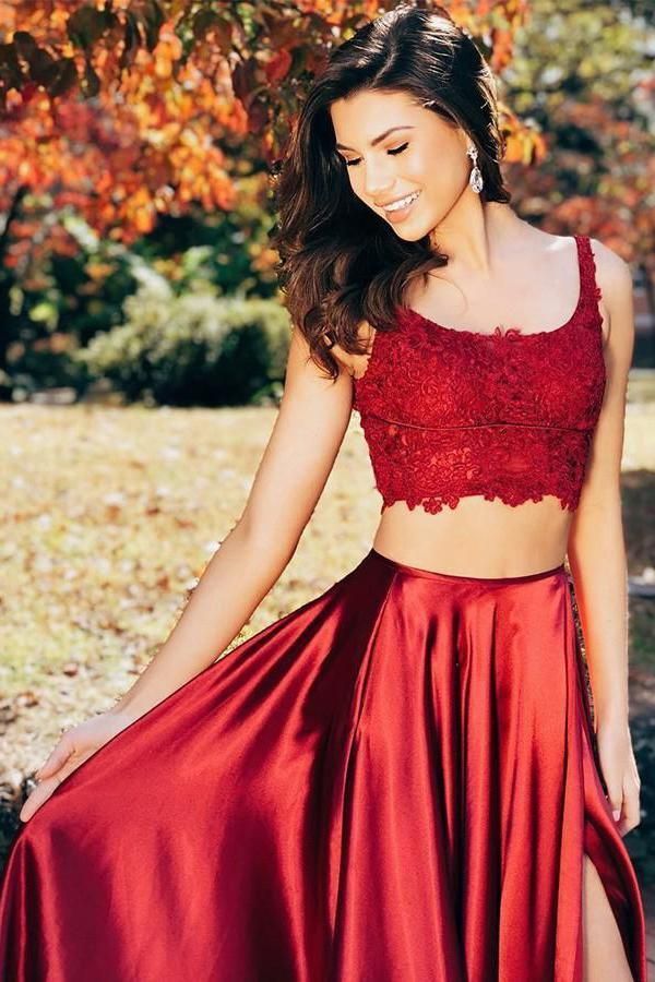 Lace Appliques Two Piece Scoop Prom Dress UKes UK Side slit Lace-Up Sleeveless Evening Dress UKes UK