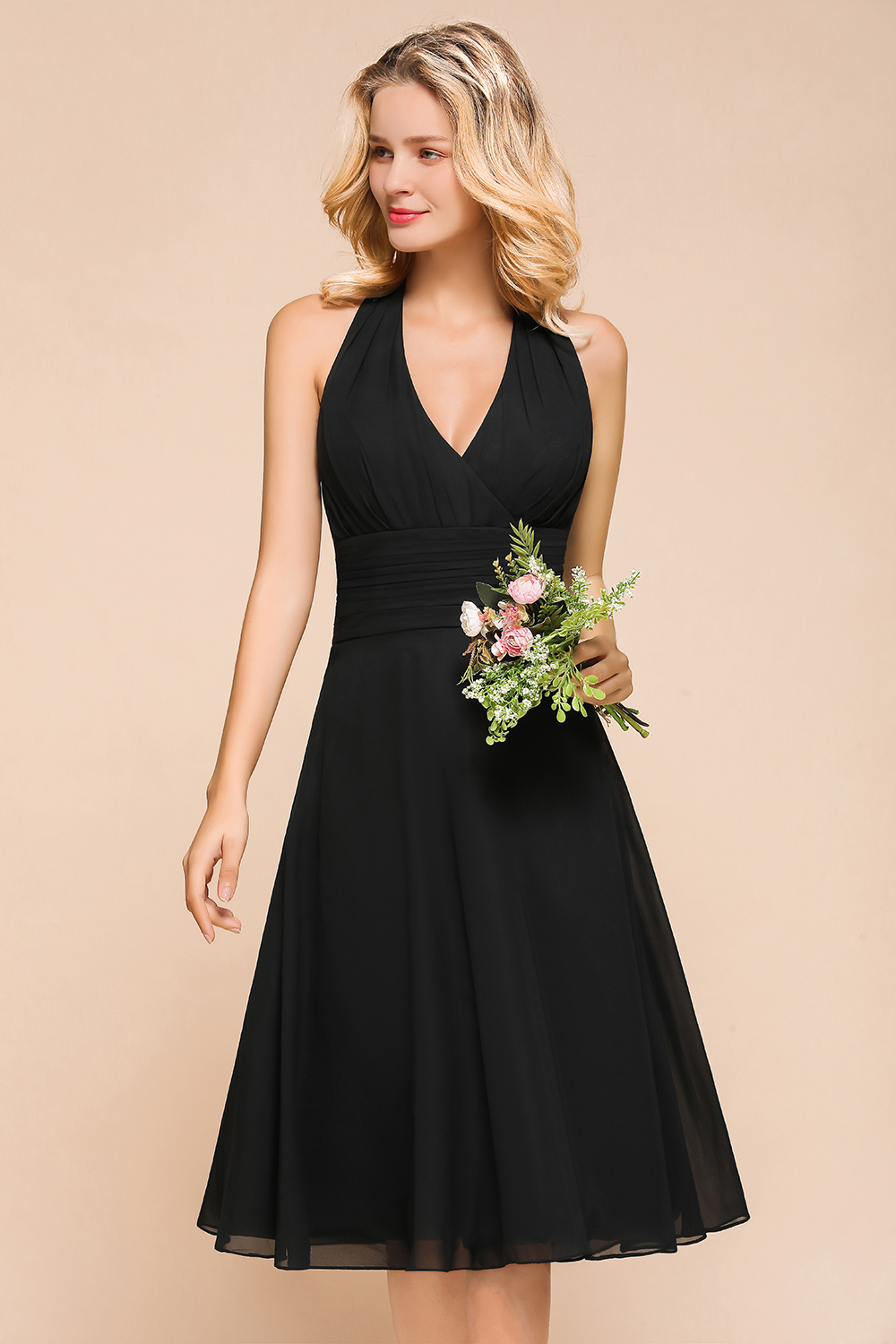 Chic Halter Black Short Bridesmaid Dress