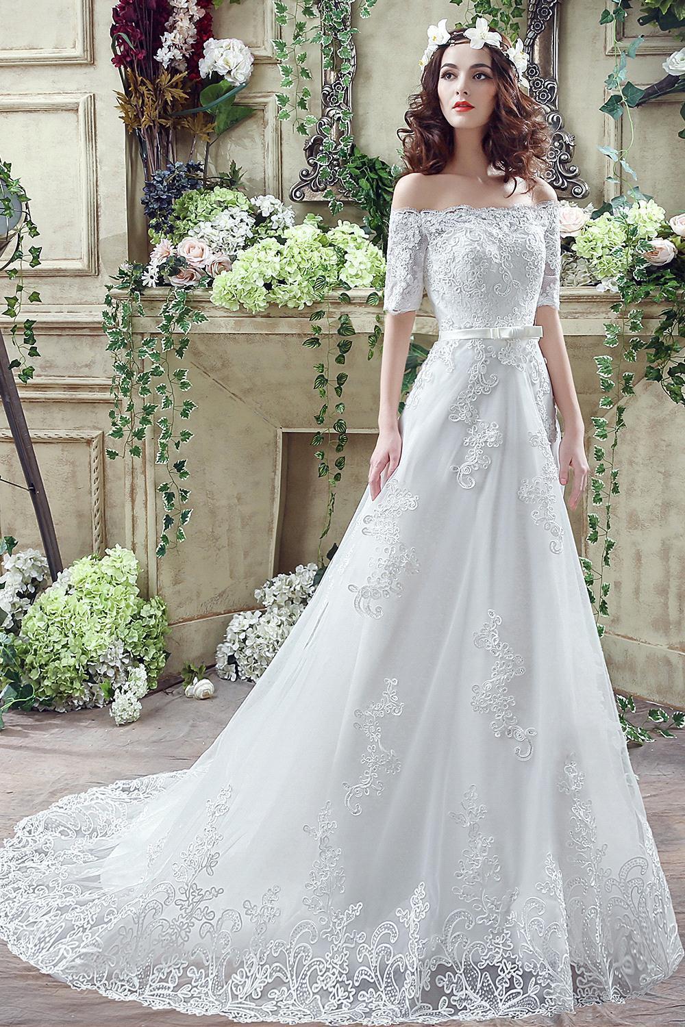 Elegant Off-the-shoulder Lace Appliques Wedding Dress Bowknot Lace-up