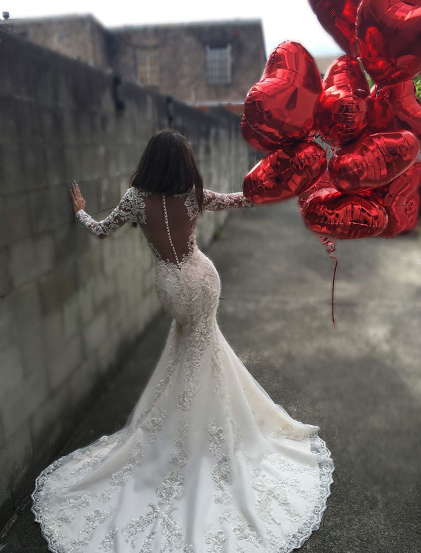 Elegant Long Sleeve Lace Wedding Dress Sexy Mermaid Zipper Button Back BA3741-27Dress.co.uk