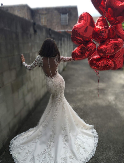 Elegant Long Sleeve Lace Wedding Dress Sexy Mermaid Zipper Button Back BA3741-27Dress.co.uk