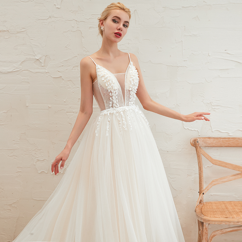 Spaghetti Straps Plunging V-neck Wedding Dress