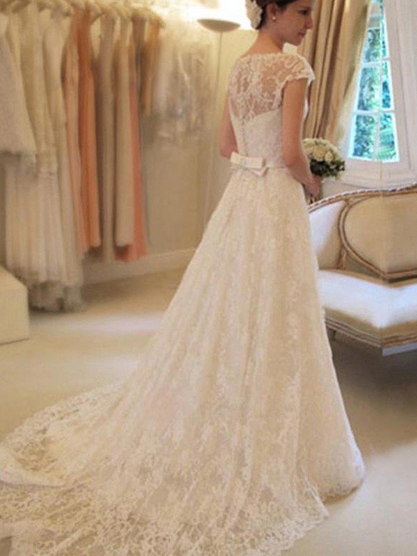 Court Train Applique A-Line Short Sleeves Square Lace Ribbon Wedding Dresses UK