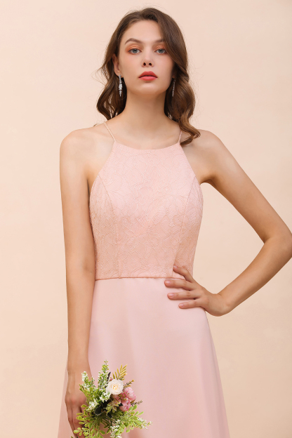 Chic Halter Pink Long Bridesmaid Dress Simple Evening Dress for Women