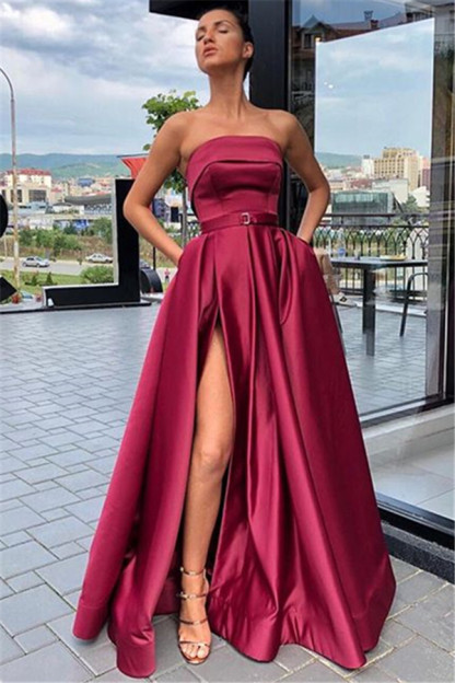 Trendy Burgundy Maroon Strapless Side-Split A-Line Evening Dress UK UK