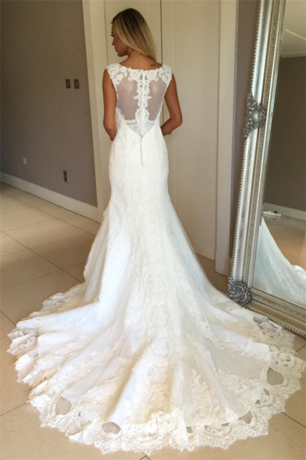 Elegant Sexy Mermaid Sleeveless Wedding Dress Lace Appliques Bridal Gowns