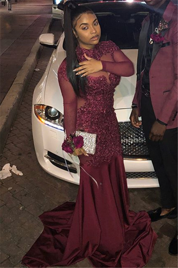 Trendy Burgundy Maroon High-Neck with Sleeves Sheer-Tulle Applique Prom Dress UK UK