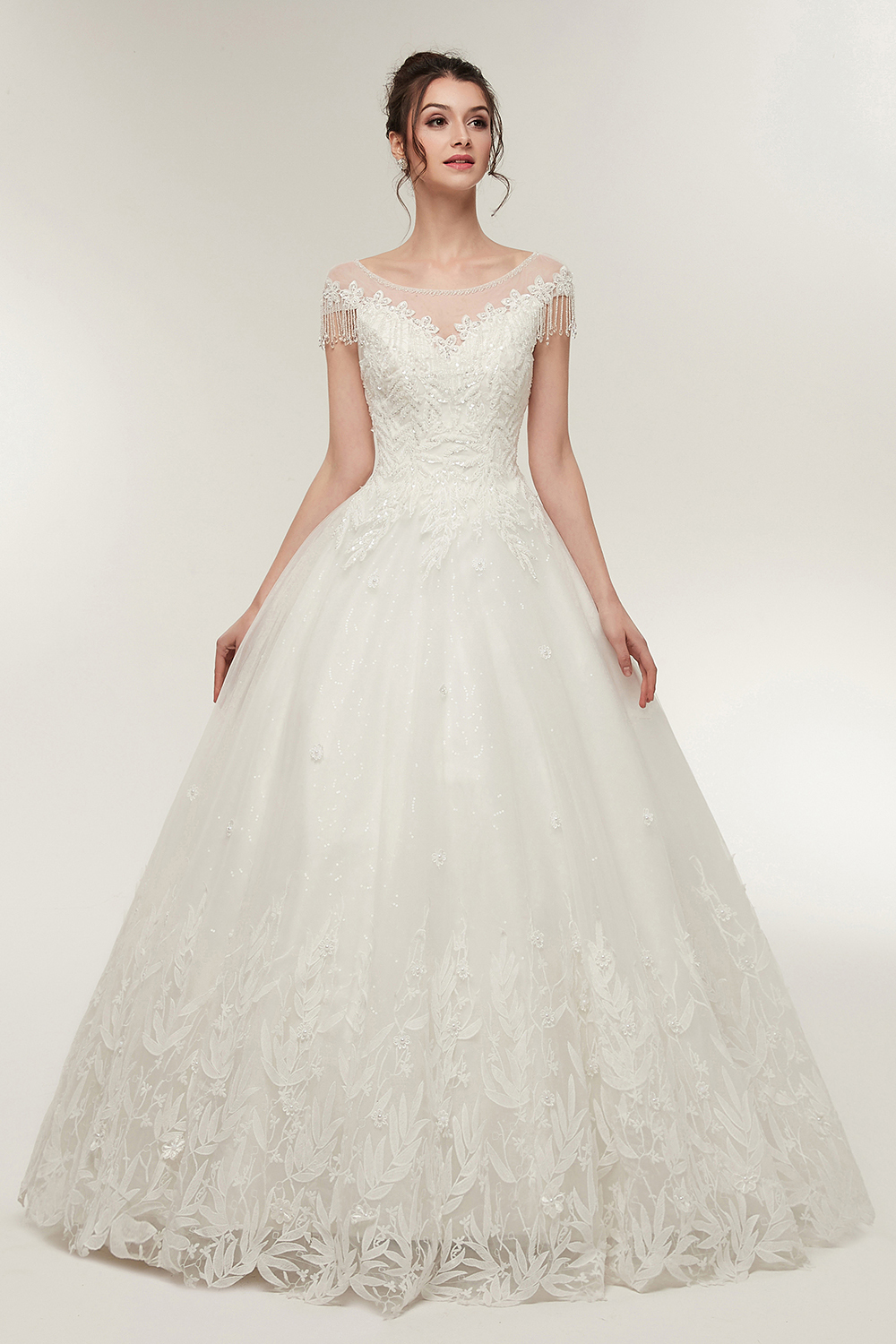 Cap Sleeves Scoop Tulle Lace Wedding Dress Aline Floor Length Crystals Bridal Dress