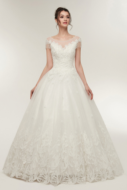 Cap Sleeves Scoop Tulle Lace Wedding Dress Aline Floor Length Crystals Bridal Dress