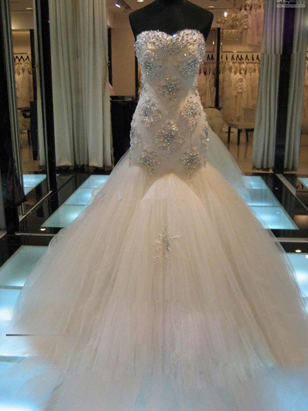 Court Train Sexy Mermaid Beads Sleeveless Tulle Sweetheart Wedding Dresses UK-27Dress.co.uk