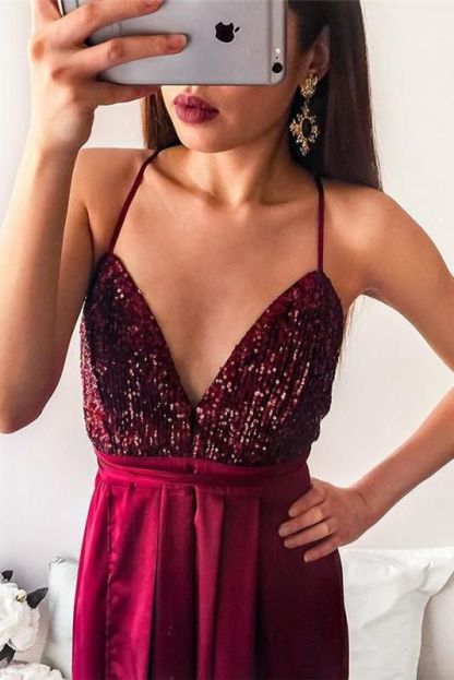 Sequins Lace Appliques Halter Prom Dress UKes UK Side slit Mermaid Sleeveless Evening Dress UKes UK