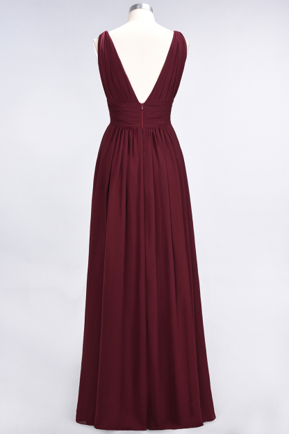 A-Line Chiffon V-Neck Sleeveless Long Bridesmaid Dress UK with Ruffle