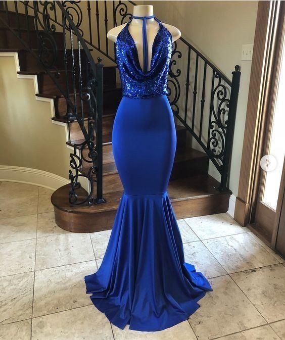 Halter V-neck Sequins Long Mermaid Formal Dresses UK