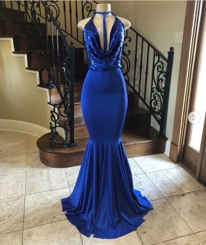 Halter V-neck Sequins Long Mermaid Formal Dresses UK
