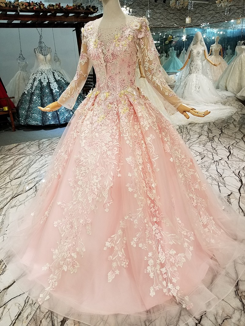 Organza Round Neck Long Sleeves Applique A-Line Court Train Prom Dress UK UK