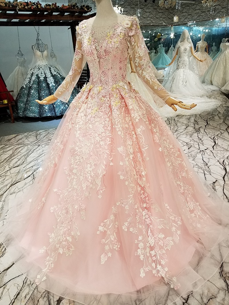 Organza Round Neck Long Sleeves Applique A-Line Court Train Prom Dress UK UK