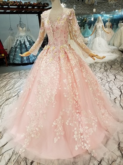 Organza Round Neck Long Sleeves Applique A-Line Court Train Prom Dress UK UK