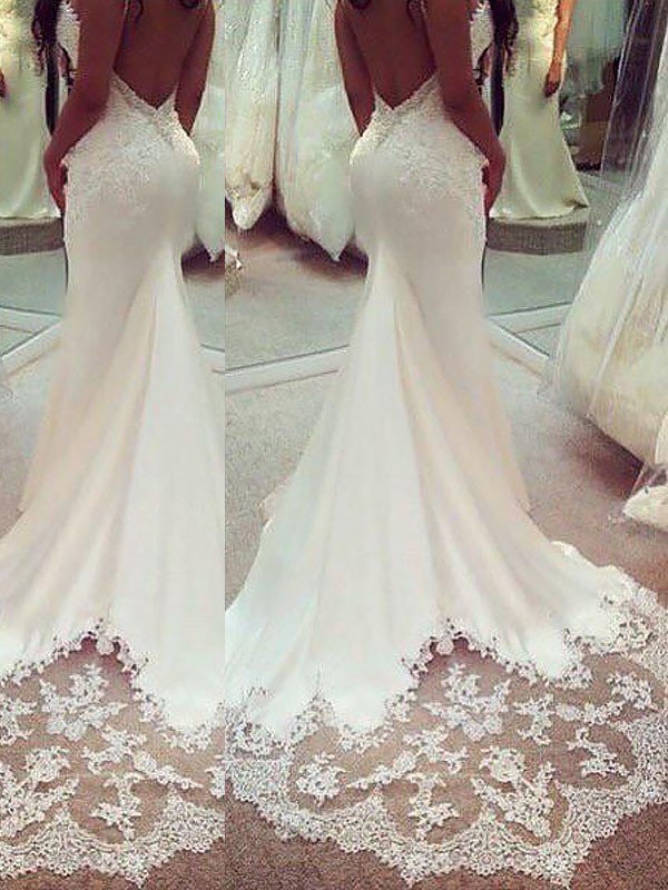 Sexy Mermaid Spaghetti Straps Applique Satin Court Train Sleeveless Wedding Dresses UK