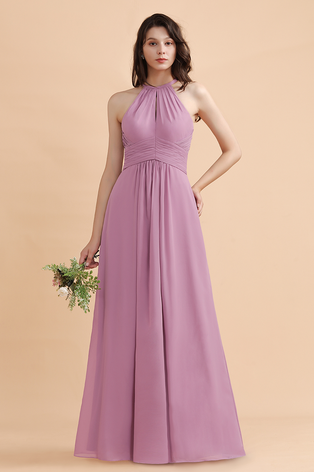Chic Halter Wisteria Chiffon Bridesmaid Dress Backless Wedding Party Dress with Pocket