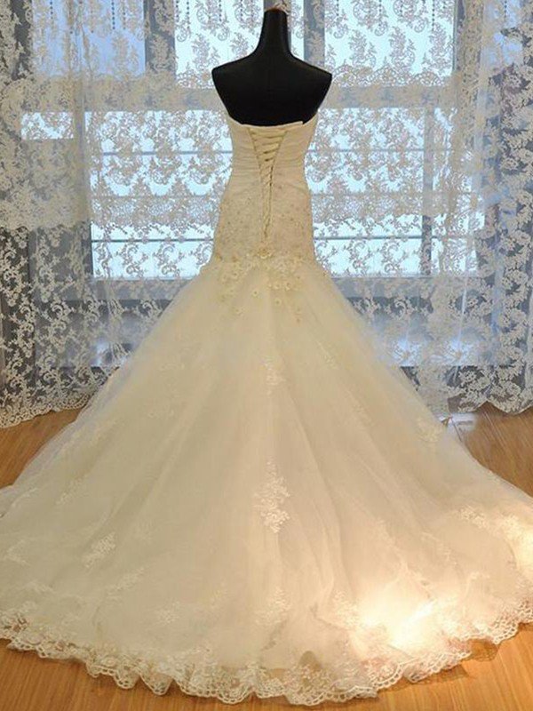 Applique Court Train Sexy Mermaid Sweetheart Tulle Sleeveless Wedding Dresses UK-27Dress.co.uk