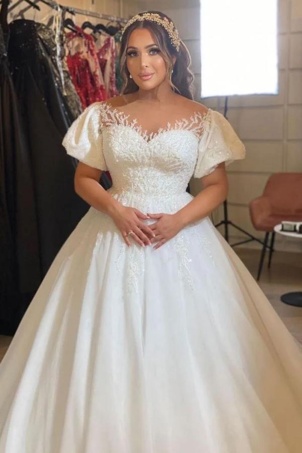Beautiful Cap Sleeves Tulle A-line Wedding Dresses with Lace Appliques