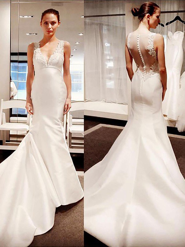 Court Train Sleeveless Sexy Mermaid Satin V-neck Wedding Dresses UK-27Dress.co.uk